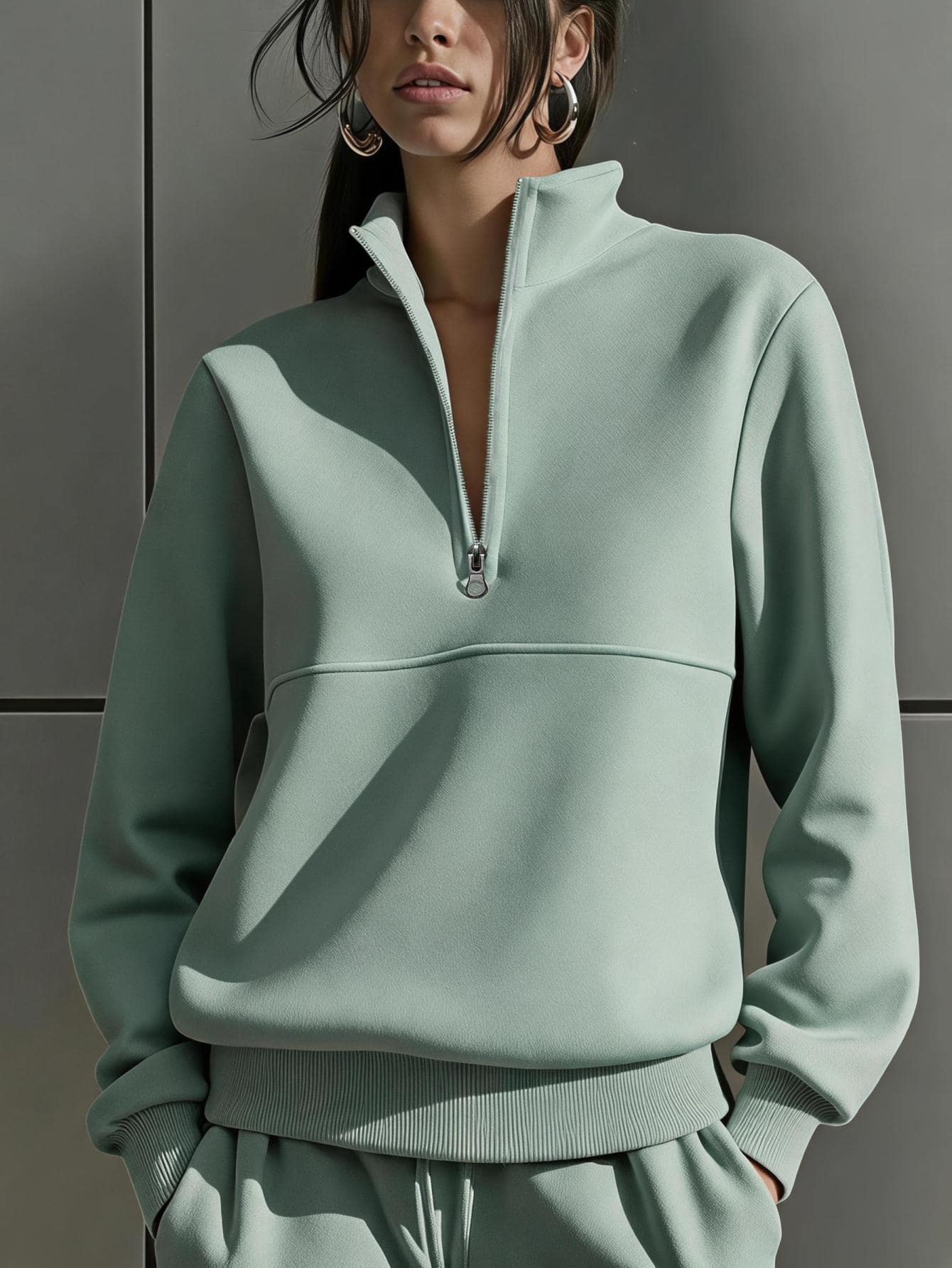 SHEIN EZwear 女款純色休閒百搭日常穿著長袖衛衣 - 薄荷綠 - 查看 1