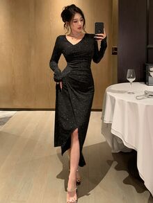 DAZY Women's Elegant Shimmer Asymmetrical Neckline Pleated Dress Fall - Black - View 6