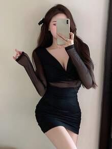 DAZY Women's Sexy Mesh Patchwork Pleated Fitted Dress Fall - Black - View 3