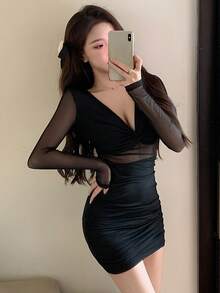 DAZY Women's Sexy Mesh Patchwork Pleated Fitted Dress Fall - Black - View 4
