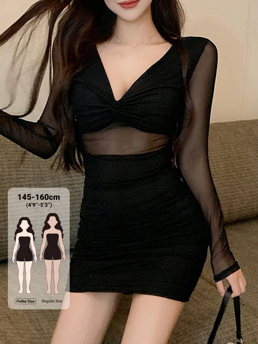 DAZY Women's Sexy Mesh Patchwork Pleated Fitted Dress Fall - Black - View 1