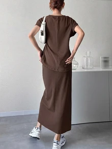 DAZY 女款純色短袖上衣與裙子休閒兩件套 秋季 - 咖啡棕 - 查看 5