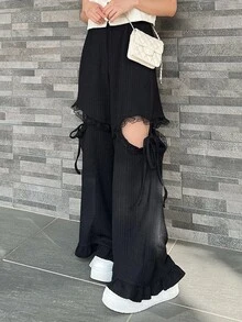 DAZY 女款蕾絲拼接休閒 Y2K 90年代百搭日常穿著外出夜店長褲 秋季萬聖節黑色 - 黑色 - 查看 7