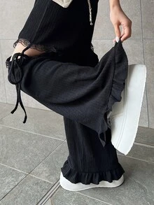 DAZY 女款蕾絲拼接休閒 Y2K 90年代百搭日常穿著外出夜店長褲 秋季萬聖節黑色 - 黑色 - 查看 6