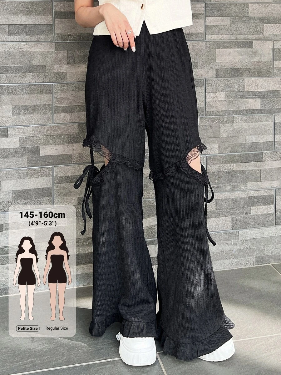 DAZY 女款蕾絲拼接休閒 Y2K 90年代百搭日常穿著外出夜店長褲 秋季萬聖節黑色 - 黑色 - 查看 1