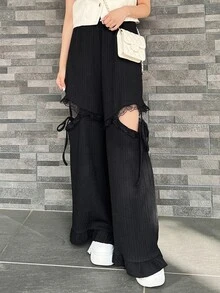 DAZY 女款蕾絲拼接休閒 Y2K 90年代百搭日常穿著外出夜店長褲 秋季萬聖節黑色 - 黑色 - 查看 4