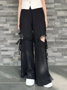 DAZY 女款蕾絲拼接休閒 Y2K 90年代百搭日常穿著外出夜店長褲 秋季萬聖節黑色 - 黑色 - 查看 3