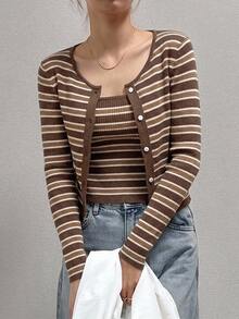 Livesso Petite Women's Colorblock Camisole And Long Sleeve Cardigan Knit 2 Pieces Set Fall - Multicolor - View 7