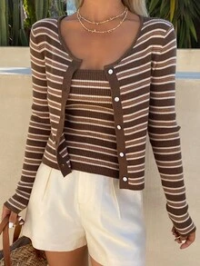 Livesso Petite Women's Colorblock Camisole And Long Sleeve Cardigan Knit 2 Pieces Set Fall - Multicolor - View 8