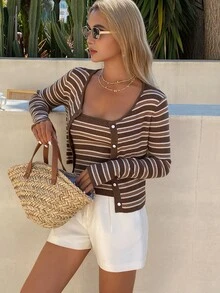 Livesso Petite Women's Colorblock Camisole And Long Sleeve Cardigan Knit 2 Pieces Set Fall - Multicolor - View 4
