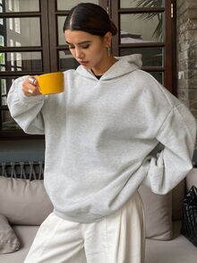 Livesso Petite Women's Solid Color Drop Shoulder Long Sleeve Casual Hooded Sweatshirt Fall Oversized Tshirts For Women - Grey - View 6