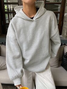 Livesso Petite Women's Solid Color Drop Shoulder Long Sleeve Casual Hooded Sweatshirt Fall Oversized Tshirts For Women - Grey - View 4