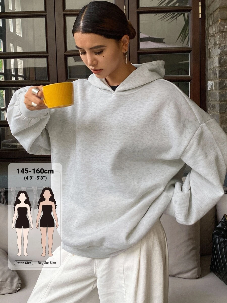 Livesso Petite Women's Solid Color Drop Shoulder Long Sleeve Casual Hooded Sweatshirt Fall Oversized Tshirts For Women - Grey - View 1