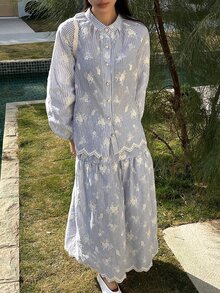 DAZY Women's Vacation Casual Striped Floral Embroidered Shirt And Skirt 2 Pieces Set Fall - Blue - View 3