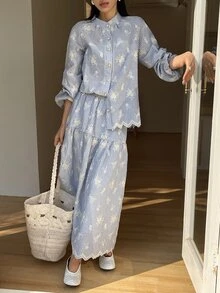 DAZY Women's Vacation Casual Striped Floral Embroidered Shirt And Skirt 2 Pieces Set Fall - Blue - View 6