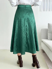 DAZY Women's Vintage Elegant Jacquard Pleated Midi Skirt For Vacation And Date Fall - Green - View 2