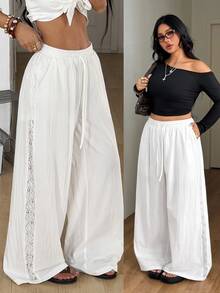 Coolane Women's Plus Size Summer Fall Going Out Vacation Beach Holiday Casual Elegant Boho Drawstring Waist Cotton Loose High-Waist White Lace Pants - White - View 8