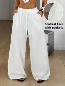 Coolane Women's Plus Size Summer Fall Going Out Vacation Beach Holiday Casual Elegant Boho Drawstring Waist Cotton Loose High-Waist White Lace Pants - White - View 7
