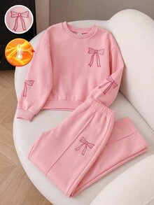 SHEIN 青少年女孩粉色刷毛T恤寬腿褲套裝 可愛蝴蝶結刺繡套頭上衣套裝保暖運動服 冬季穿搭 - 粉色 - 查看 6