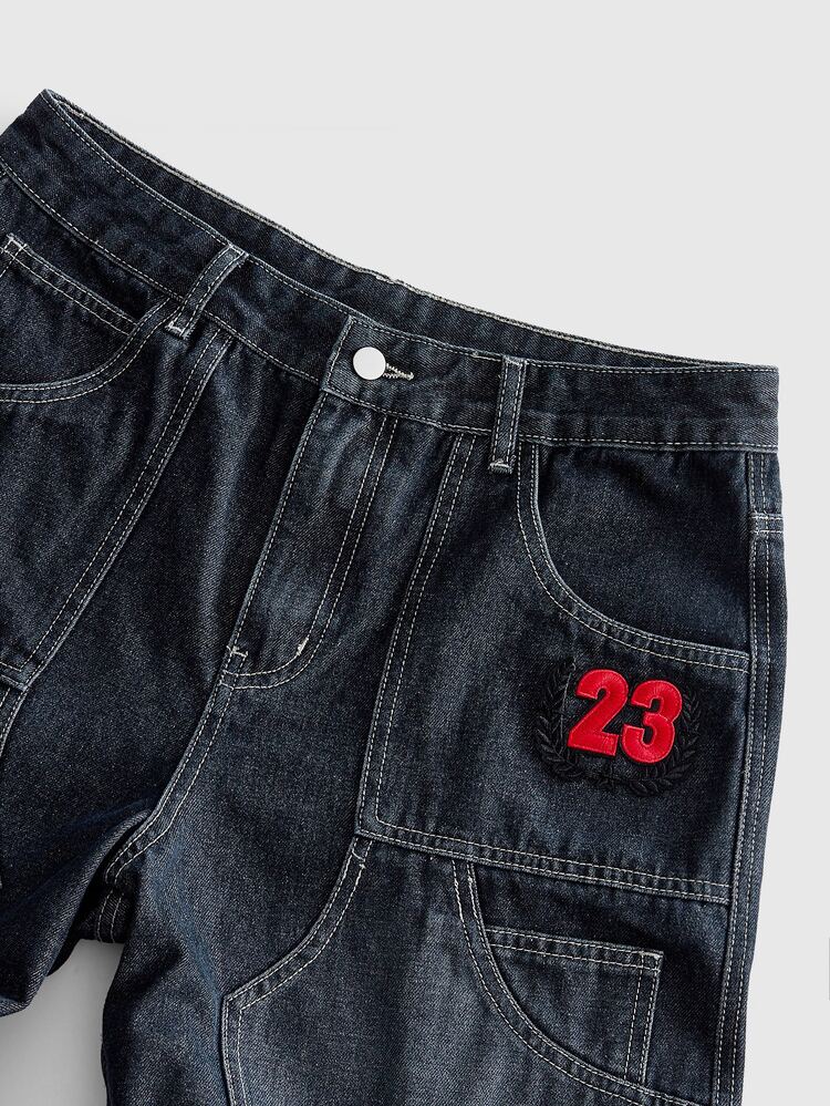 ROMWE MEN Men's Embroidered Pattern Loose Fit Cargo Jeans - Dark Wash - View 2