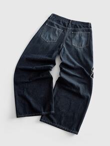 ROMWE MEN Street Life Men's Embroidered Pattern Loose Fit Cargo Jeans - Dark Wash - View 3
