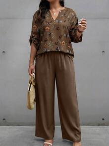 EMERY ROSE Plus Size Women's Floral & Dragonfly Print Notched Neck Roll Tab Sleeve Loose Top And Wide Leg Pants 2 Pieces Set, Casual Vacation Style, Spring/Autumn - Multicolor - View 5