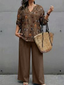 EMERY ROSE Plus Size Women's Floral & Dragonfly Print Notched Neck Roll Tab Sleeve Loose Top And Wide Leg Pants 2 Pieces Set, Casual Vacation Style, Spring/Autumn - Multicolor - View 4