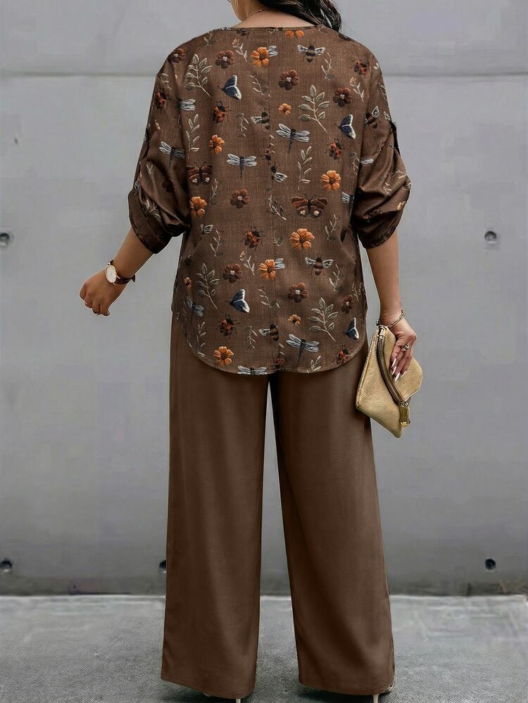 EMERY ROSE Plus Size Women's Floral & Dragonfly Print Notched Neck Roll Tab Sleeve Loose Top And Wide Leg Pants 2 Pieces Set, Casual Vacation Style, Spring/Autumn - Multicolor - View 2