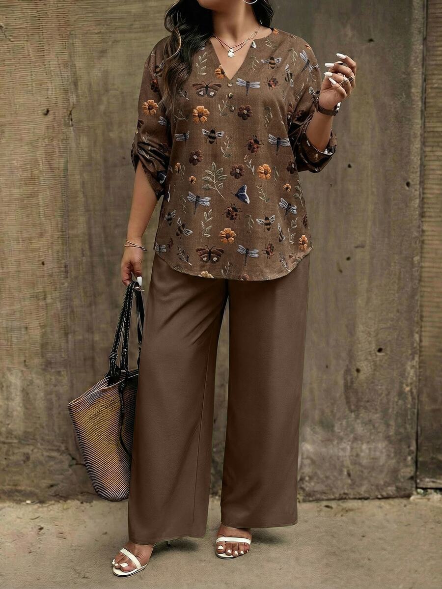 EMERY ROSE Plus Size Women's Floral & Dragonfly Print Notched Neck Roll Tab Sleeve Loose Top And Wide Leg Pants 2 Pieces Set, Casual Vacation Style, Spring/Autumn - Multicolor - View 1
