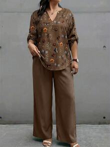 EMERY ROSE Plus Size Women's Floral & Dragonfly Print Notched Neck Roll Tab Sleeve Loose Top And Wide Leg Pants 2 Pieces Set, Casual Vacation Style, Spring/Autumn - Multicolor - View 3