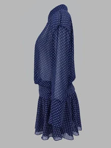 Cévolie Sexy Sheer Polka Dot Loose Sun Protection Shirt Waist-Cinching Ruffle Hem Short Dress - Navy Blue - View 3
