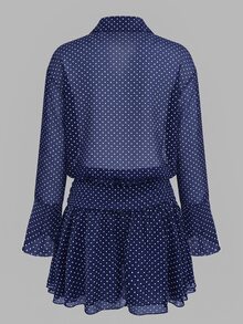 Cévolie Sexy Sheer Polka Dot Loose Sun Protection Shirt Waist-Cinching Ruffle Hem Short Dress - Navy Blue - View 2