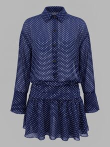 Cévolie Sexy Sheer Polka Dot Loose Sun Protection Shirt Waist-Cinching Ruffle Hem Short Dress - Navy Blue - View 4