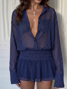 Cévolie Sexy Sheer Polka Dot Loose Sun Protection Shirt Waist-Cinching Ruffle Hem Short Dress - Navy Blue - View 1