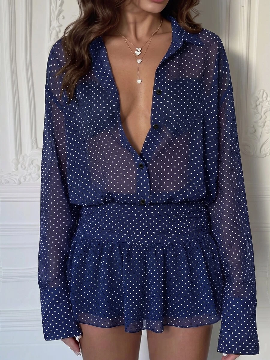 Cévolie Sexy Sheer Polka Dot Loose Sun Protection Shirt Waist-Cinching Ruffle Hem Short Dress - Navy Blue - View 1