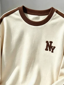 Conjunto de 2 Peças de Moletom e Calça de Moletom Minimalista Confortável para Meninos Adolescentes, com Design Gráfico de Letra NY na Moda e Patchwork de Linhas Minimalistas, Adequado para Festas e Reuniões de Férias, Casual e Confortável, Primeira Escolha para Meninos de 5-15° na Primavera/Outono/Inverno, Streetwear, Roupas Casuais para Ir e Voltar da Escola - Multicolorido - Visão 5