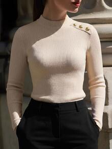 Velvienne Plus Size Women's Autumn/Winter Long Sleeve Minimalist Textured Fabric Metal Button Versatile Base Layer Apricot Casual Home Commute Outing T-Shirt - Apricot - View 5