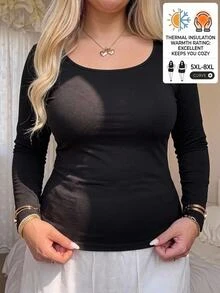 SHEIN CURVE+ Plus Size Women's Solid Color Long Sleeve Casual Everyday Versatile All-Match T-Shirt Fall - Black - View 8