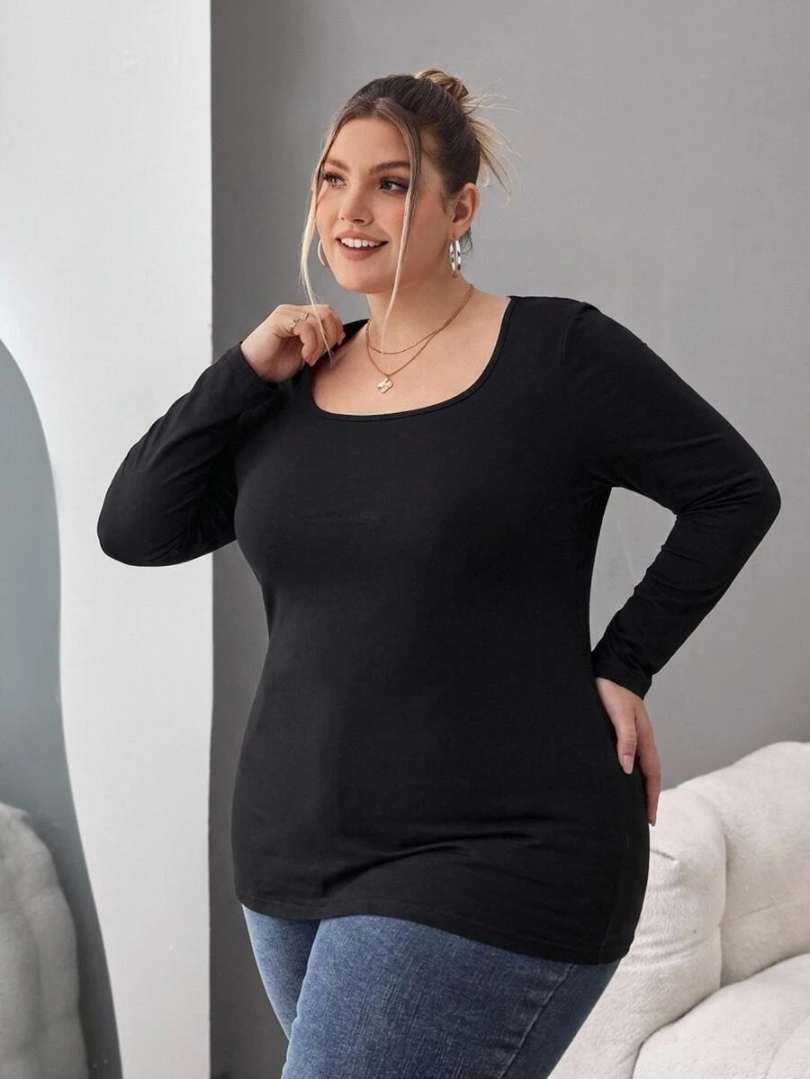 SHEIN CURVE+ Plus Size Women's Solid Color Long Sleeve Casual Everyday Versatile All-Match T-Shirt Fall - Black - View 1