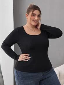 SHEIN CURVE+ Plus Size Women's Solid Color Long Sleeve Casual Everyday Versatile All-Match T-Shirt Fall - Black - View 2
