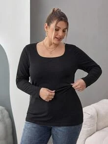 SHEIN CURVE+ Plus Size Women's Solid Color Long Sleeve Casual Everyday Versatile All-Match T-Shirt Fall - Black - View 7