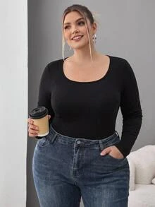 SHEIN CURVE+ Plus Size Women's Solid Color Long Sleeve Casual Everyday Versatile All-Match T-Shirt Fall - Black - View 6