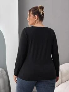 SHEIN CURVE+ Plus Size Women's Solid Color Long Sleeve Casual Everyday Versatile All-Match T-Shirt Fall - Black - View 5