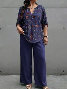 EMERY ROSE Plus Size Floral Print Notch Neck Top And Solid Color Pants 2-Piece Set Fall - Multicolor - View 3
