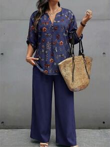 EMERY ROSE Plus Size Floral Print Notch Neck Top And Solid Color Pants 2-Piece Set Fall - Multicolor - View 4