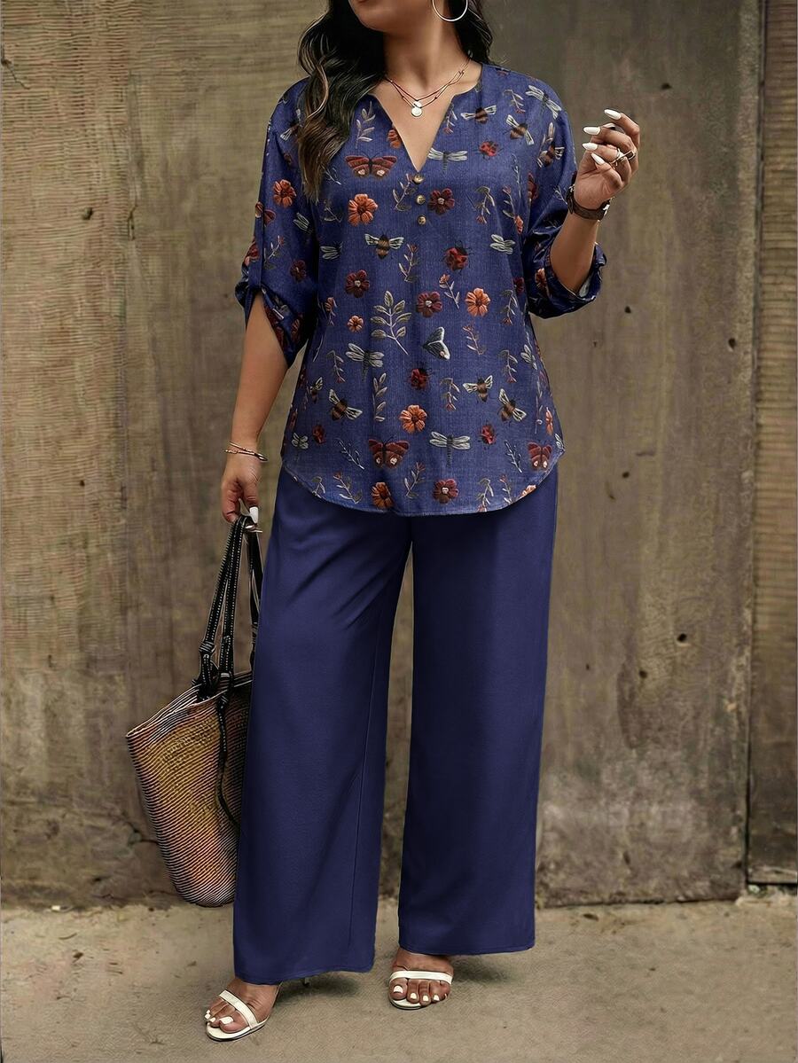 EMERY ROSE Plus Size Floral Print Notch Neck Top And Solid Color Pants 2-Piece Set Fall - Multicolor - View 1