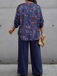 EMERY ROSE Plus Size Floral Print Notch Neck Top And Solid Color Pants 2-Piece Set Fall - Multicolor - View 2