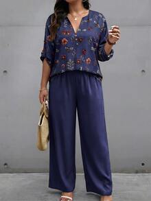 EMERY ROSE Plus Size Floral Print Notch Neck Top And Solid Color Pants 2-Piece Set Fall - Multicolor - View 5