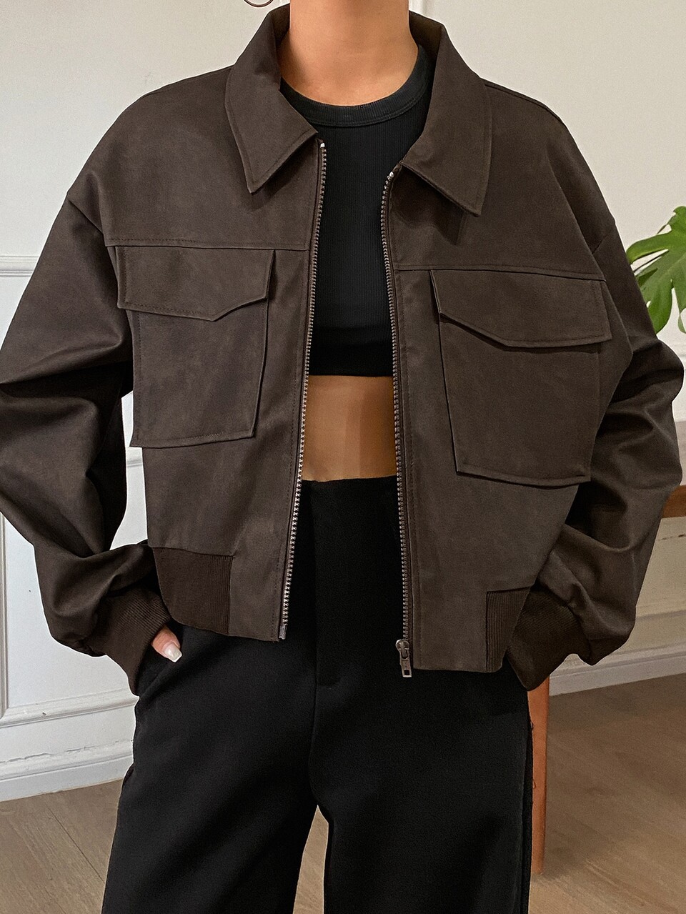 Solid Color Loose Fit Lapel Pocket Long Sleeve Casual Streetwear Street PU Jacket Spring Autumn Women's Going Out Night Out Nightout Dark Brown