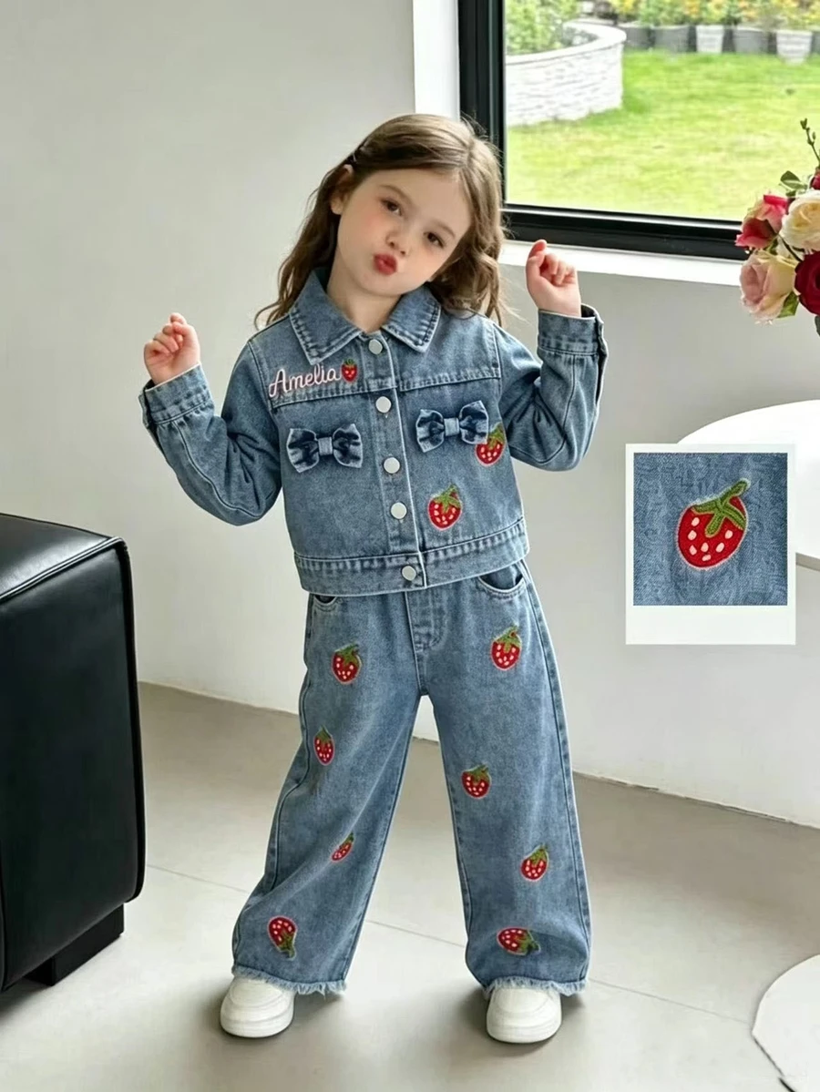 SHEIN ChillGRL Girls' Denim Jacket And Pants 2-Piece Set With Strawberry & Bow Embroidery, Kids Casual Long Sleeve Jean Outfit Autumn - Blue - View 1